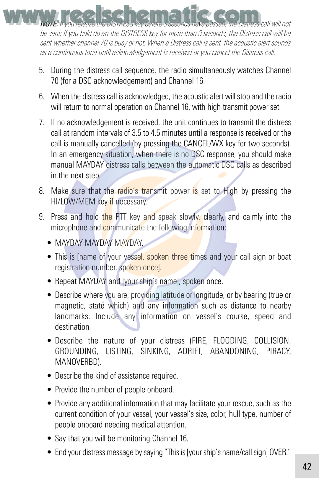 Humminbird VHF255SW manual Mayday Mayday Mayday, Say that you will be monitoring Channel 