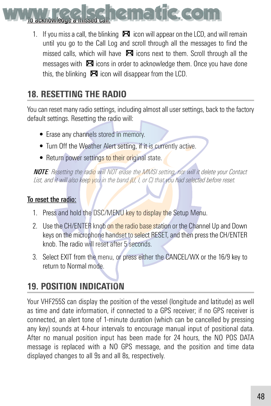 Humminbird VHF255SW manual Resetting the Radio, Position Indication 