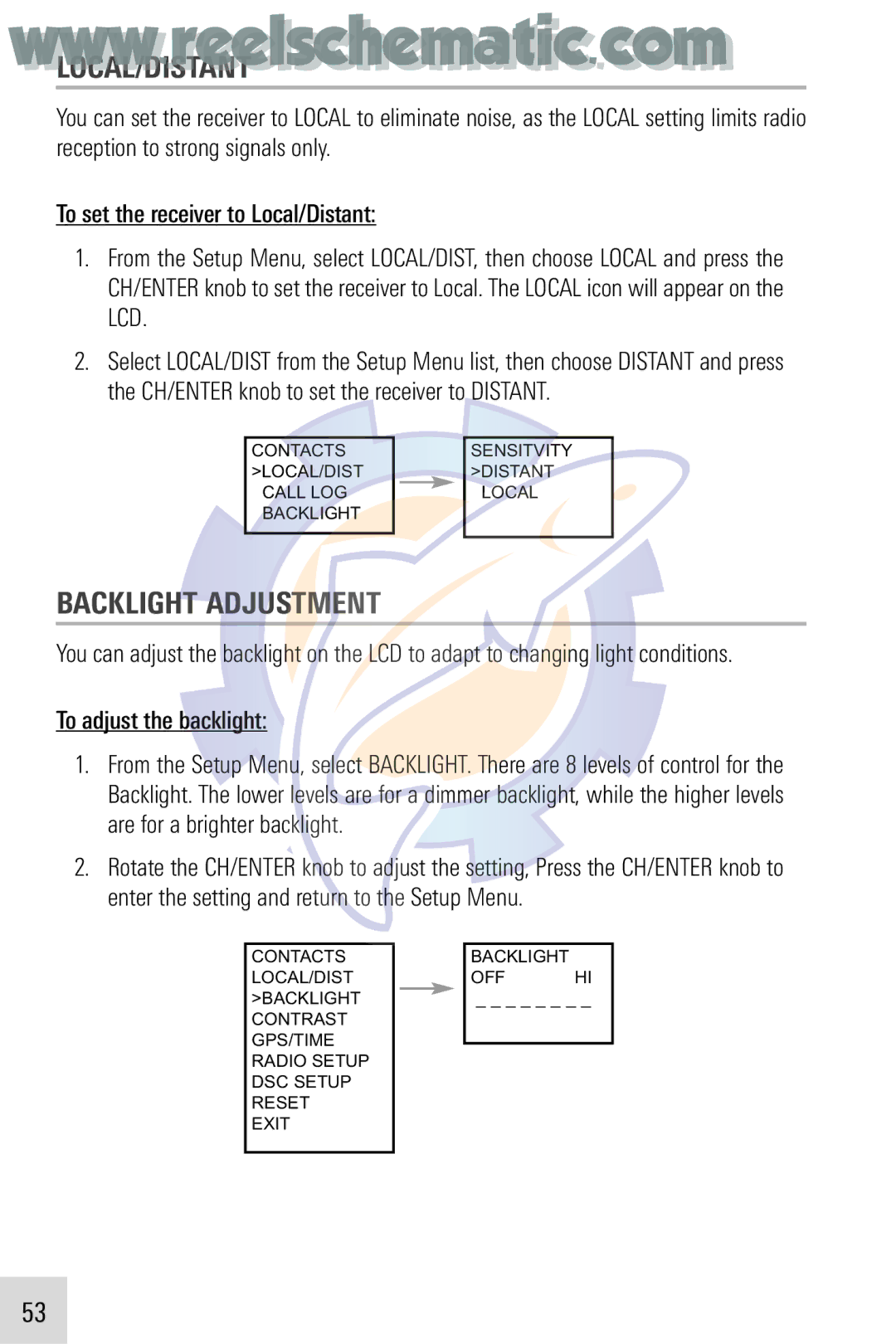 Humminbird VHF255SW manual Local/Distant, Backlight Adjustment 
