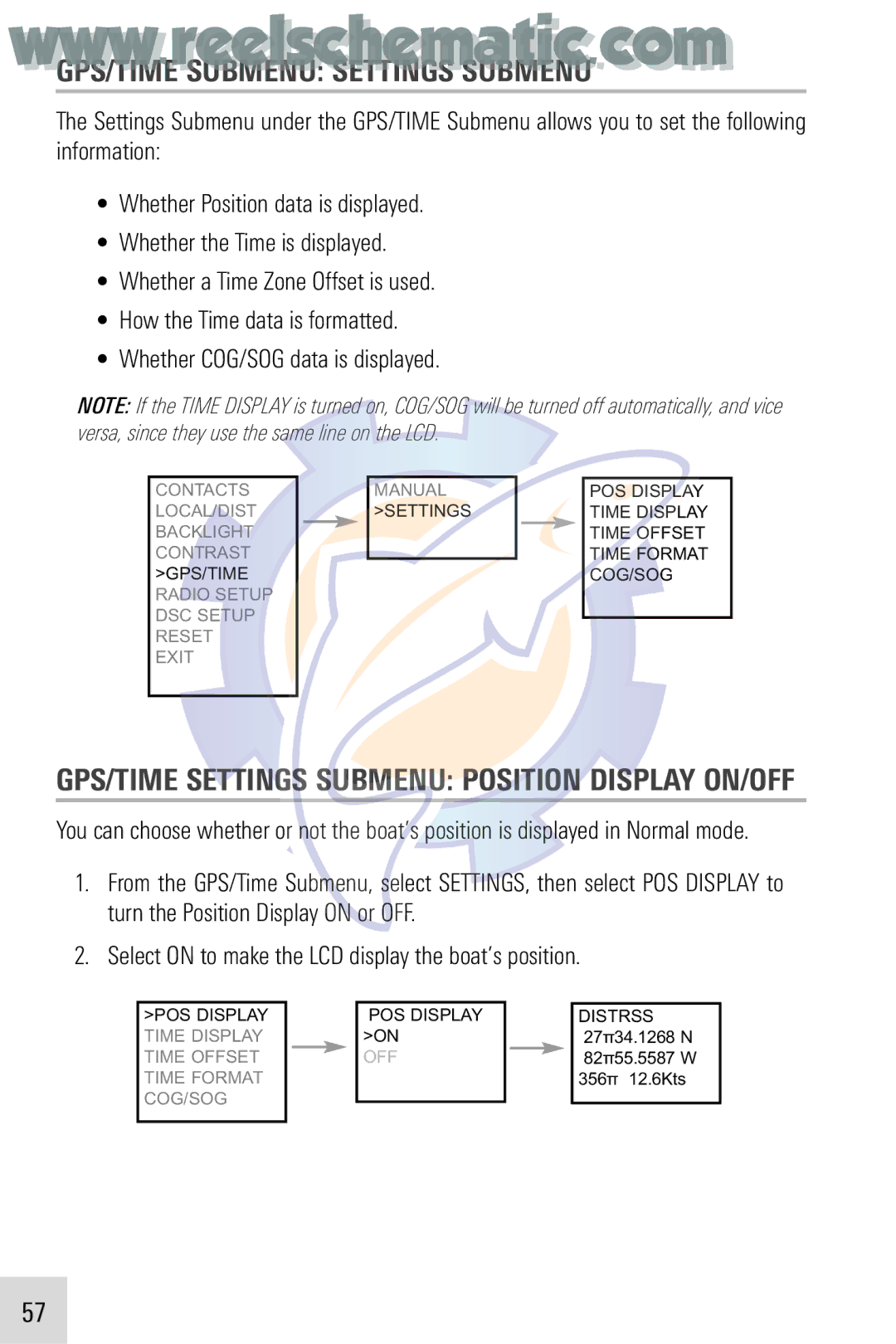 Humminbird VHF255SW manual GPS/TIME Submenu Settings Submenu, GPS/TIME Settings Submenu Position Display ON/OFF 