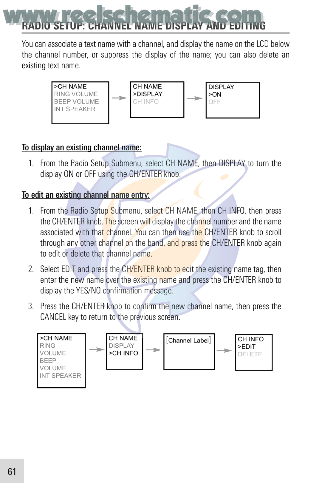 Humminbird VHF255SW manual Radio Setup Channel Name Display and Editing, To display an existing channel name 