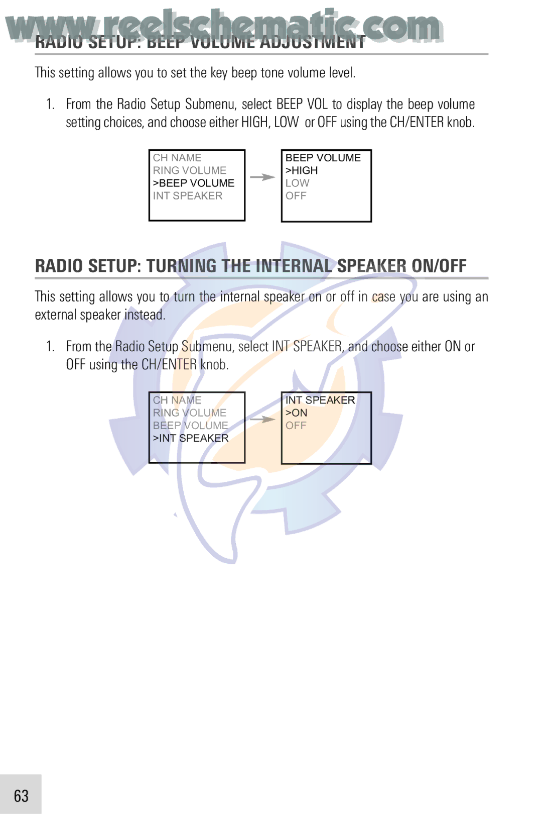 Humminbird VHF255SW manual Radio Setup Beep Volume Adjustment, Radio Setup Turning the Internal Speaker ON/OFF 