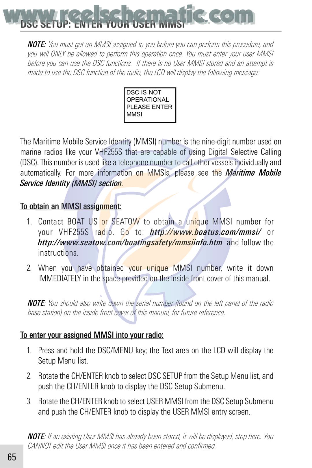 Humminbird VHF255SW manual DSC Setup Enter Your User Mmsi, To obtain an Mmsi assignment 