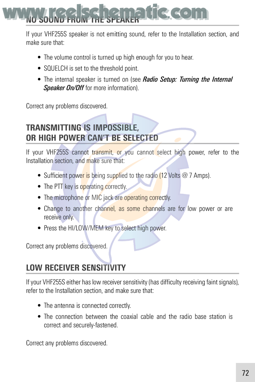 Humminbird VHF255SW manual No Sound from the Speaker, Transmitting is Impossible Or High Power CAN’T be Selected 