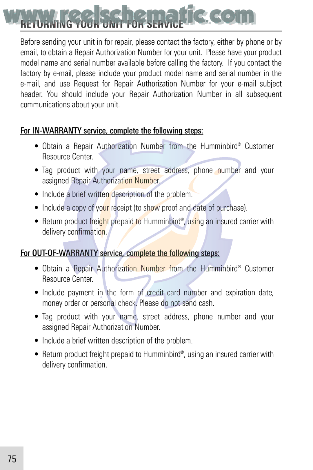 Humminbird VHF255SW manual Returning Your Unit for Service 