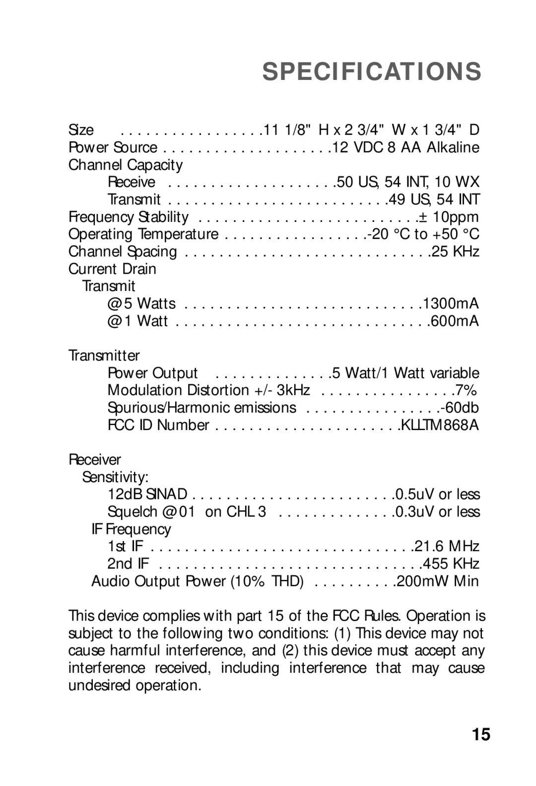 Humminbird VHF5 manual Specifications 