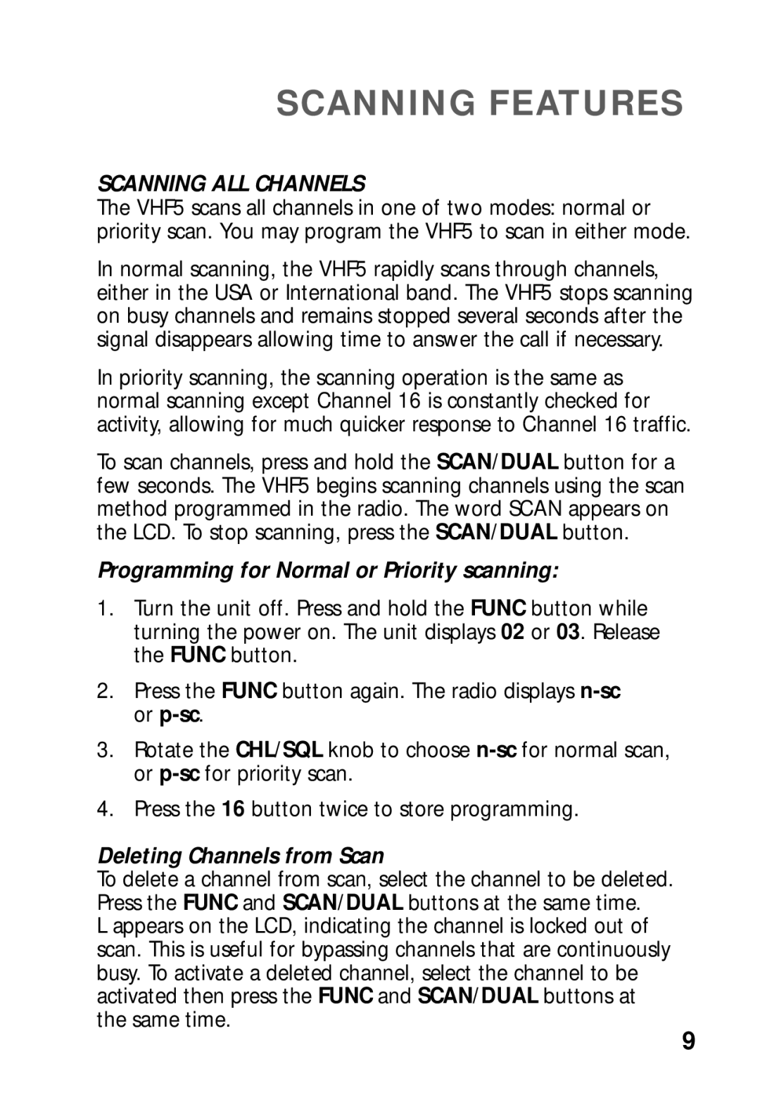 Humminbird VHF5 manual Scanning Features, Scanning ALL Channels, Programming for Normal or Priority scanning 