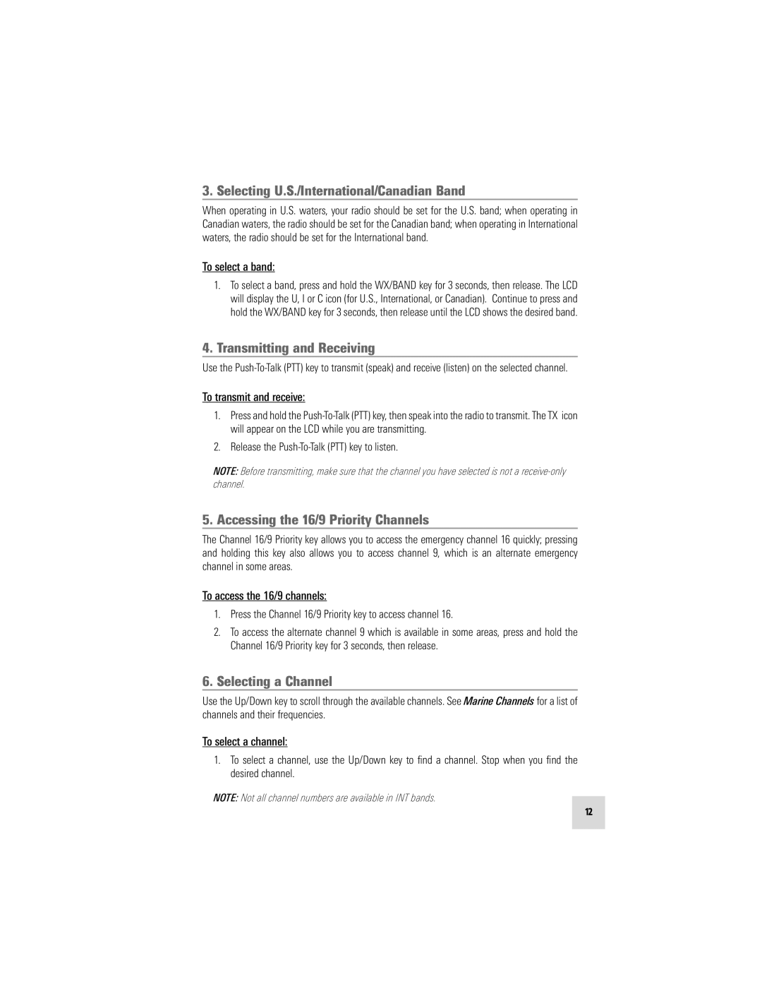 Humminbird VHF55S manual Selecting U.S./International/Canadian Band, Transmitting and Receiving, Selecting a Channel 