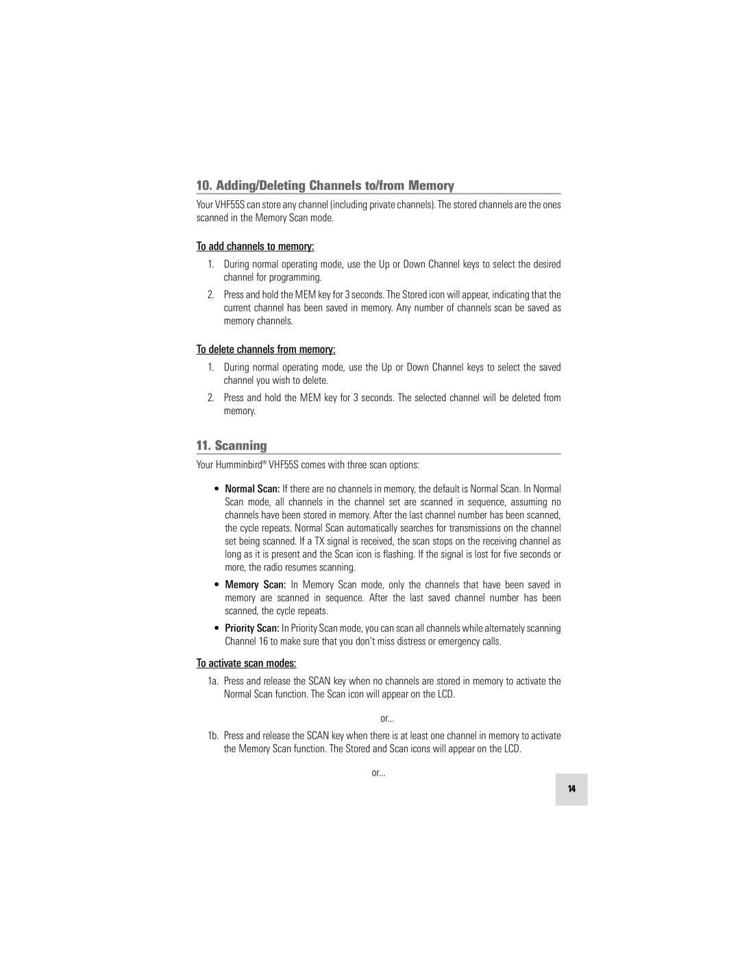 Humminbird VHF55S Adding/Deleting Channels to/from Memory, Scanning, To add channels to memory, To activate scan modes 