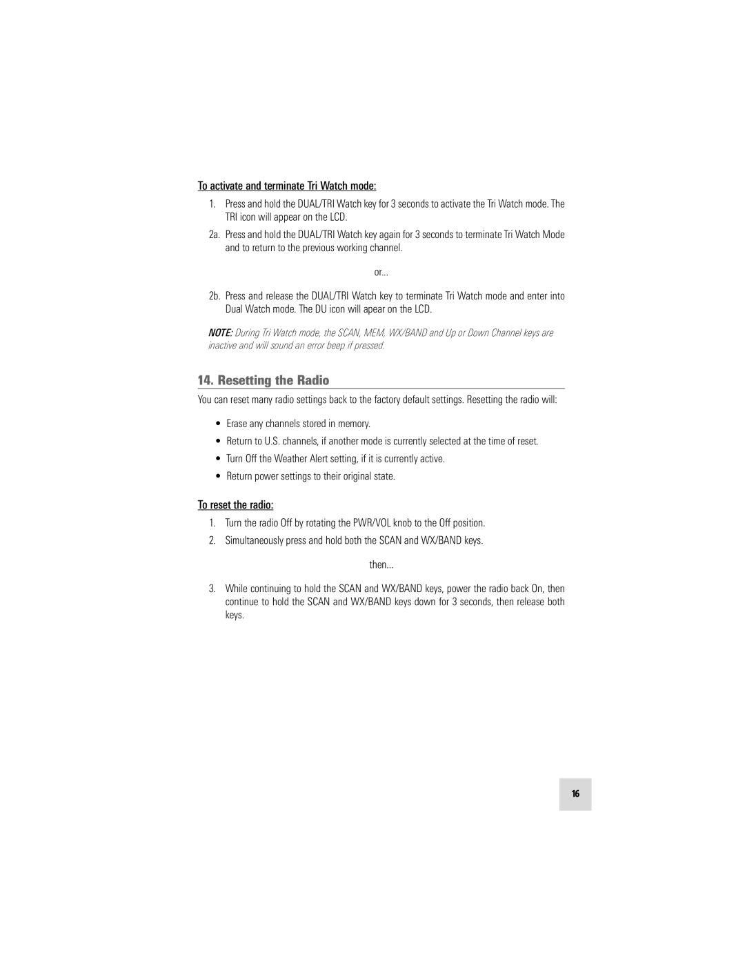 Humminbird VHF55S manual Resetting the Radio, To activate and terminate Tri Watch mode, To reset the radio 