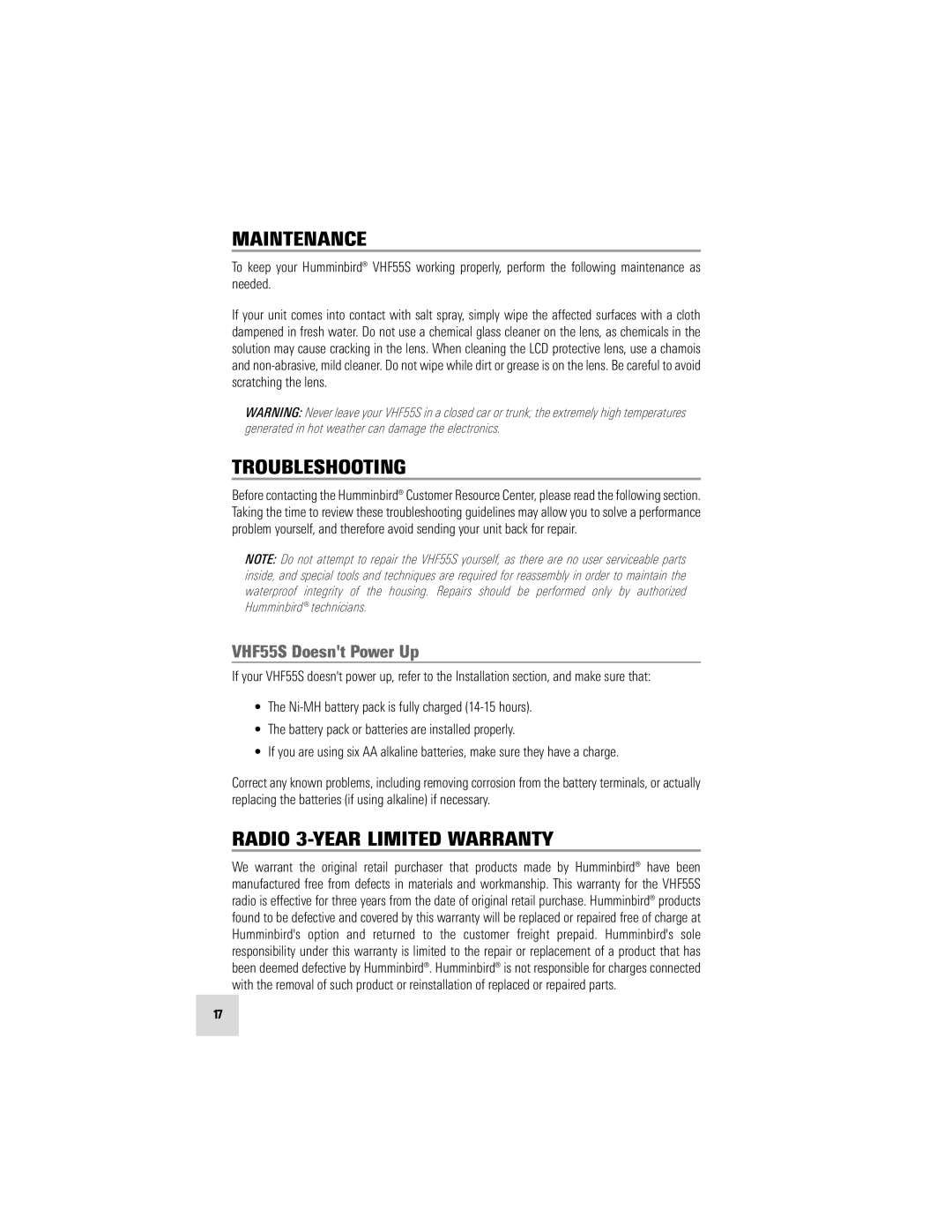 Humminbird manual Maintenance, Troubleshooting, Radio 3-YEAR Limited Warranty, VHF55S Doesnt Power Up 