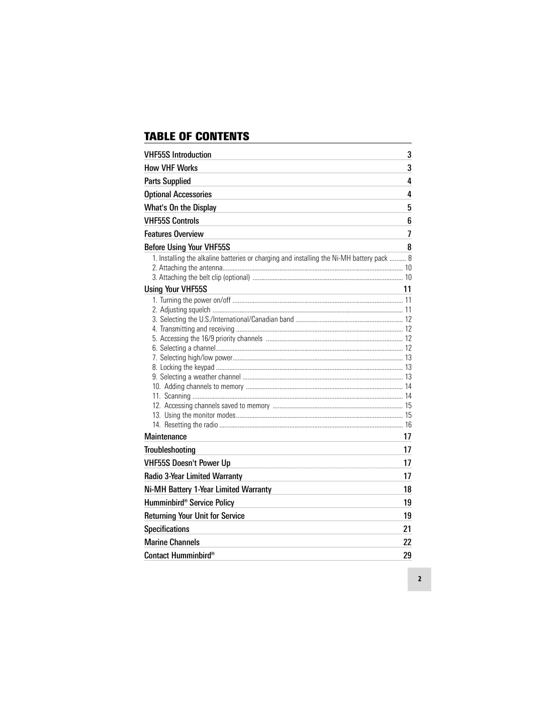 Humminbird VHF55S manual Table of Contents 