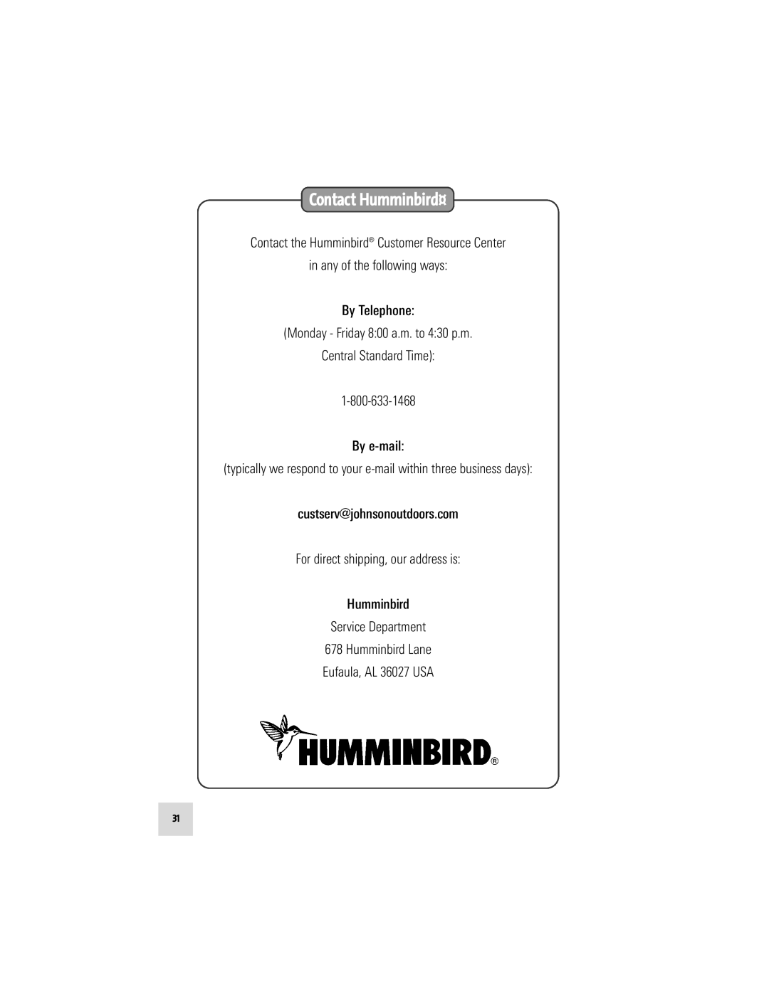 Humminbird VHF55S manual Contact Humminbird¤ 