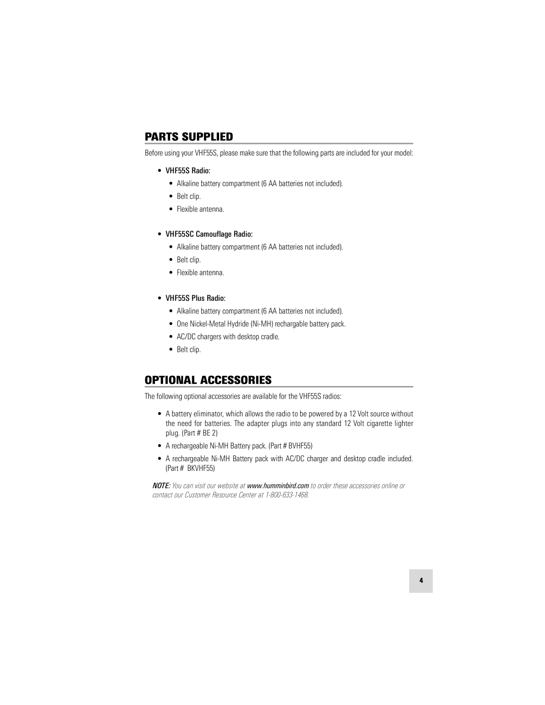 Humminbird VHF55S manual Parts Supplied, Optional Accessories 