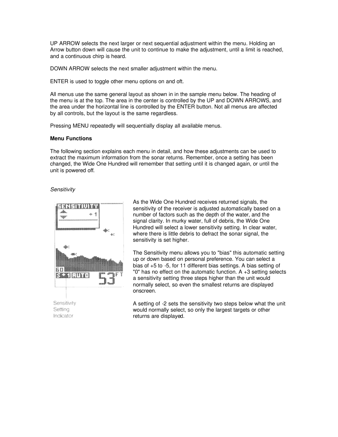 Humminbird Wide 100 manual Menu Functions, Sensitivity 