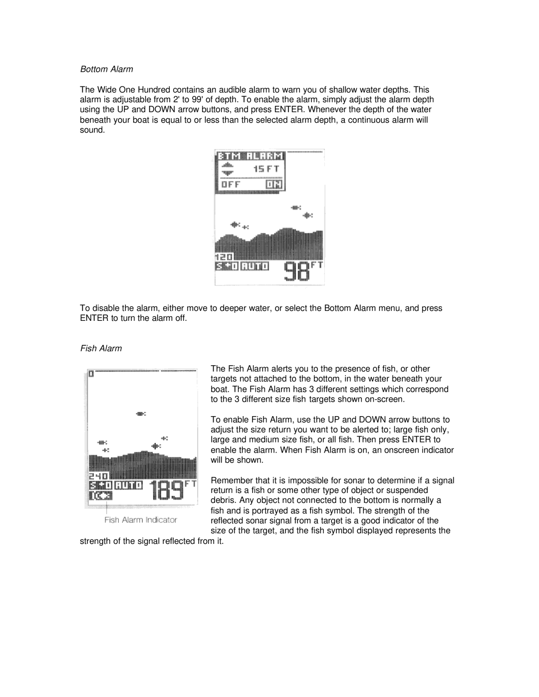 Humminbird Wide 100 manual Bottom Alarm, Fish Alarm 