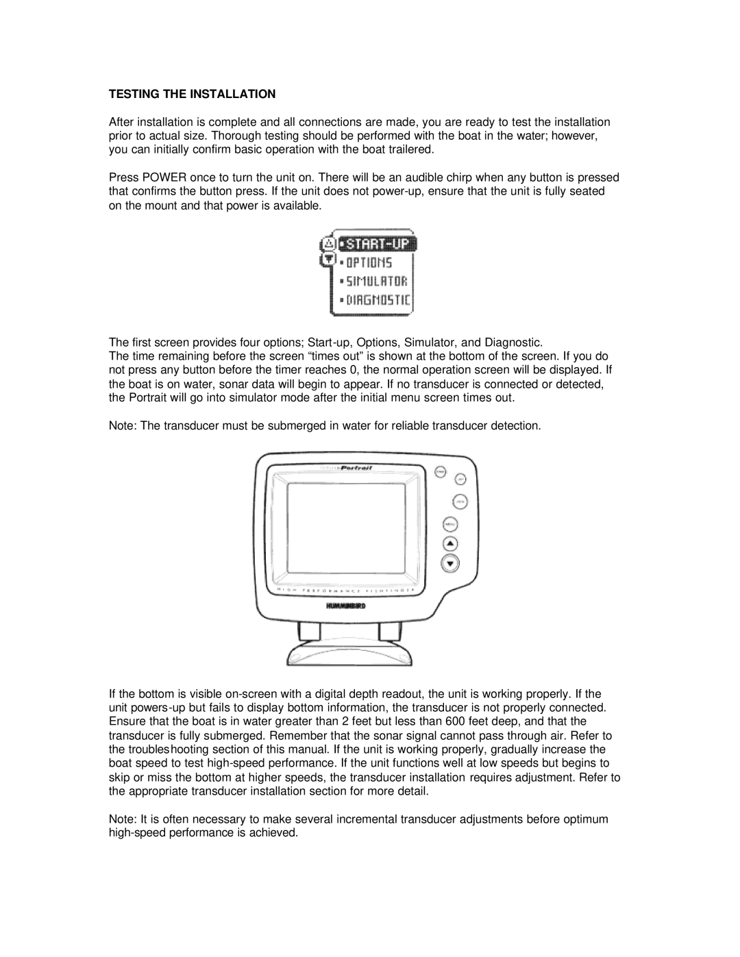 Humminbird Wide 2000 manual Testing the Installation 