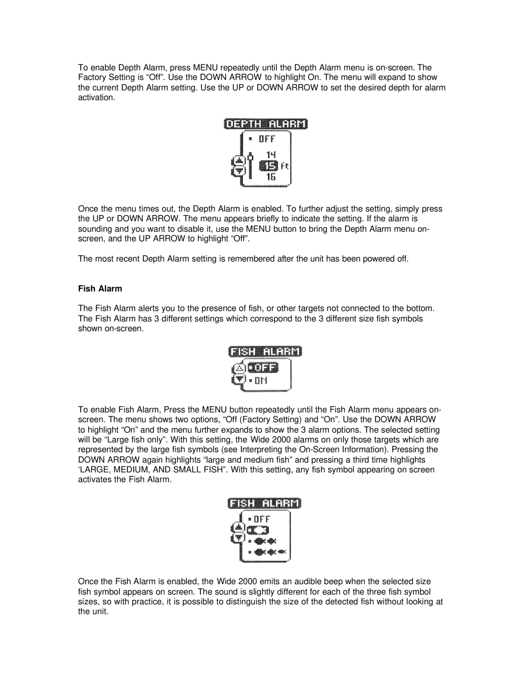 Humminbird Wide 2000 manual Fish Alarm 