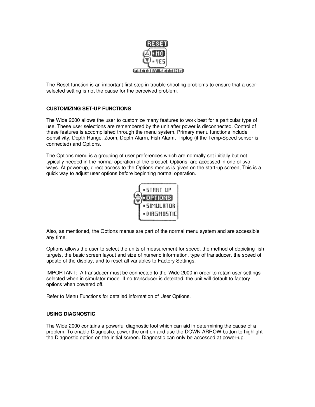 Humminbird Wide 2000 manual Customizing SET-UP Functions, Using Diagnostic 