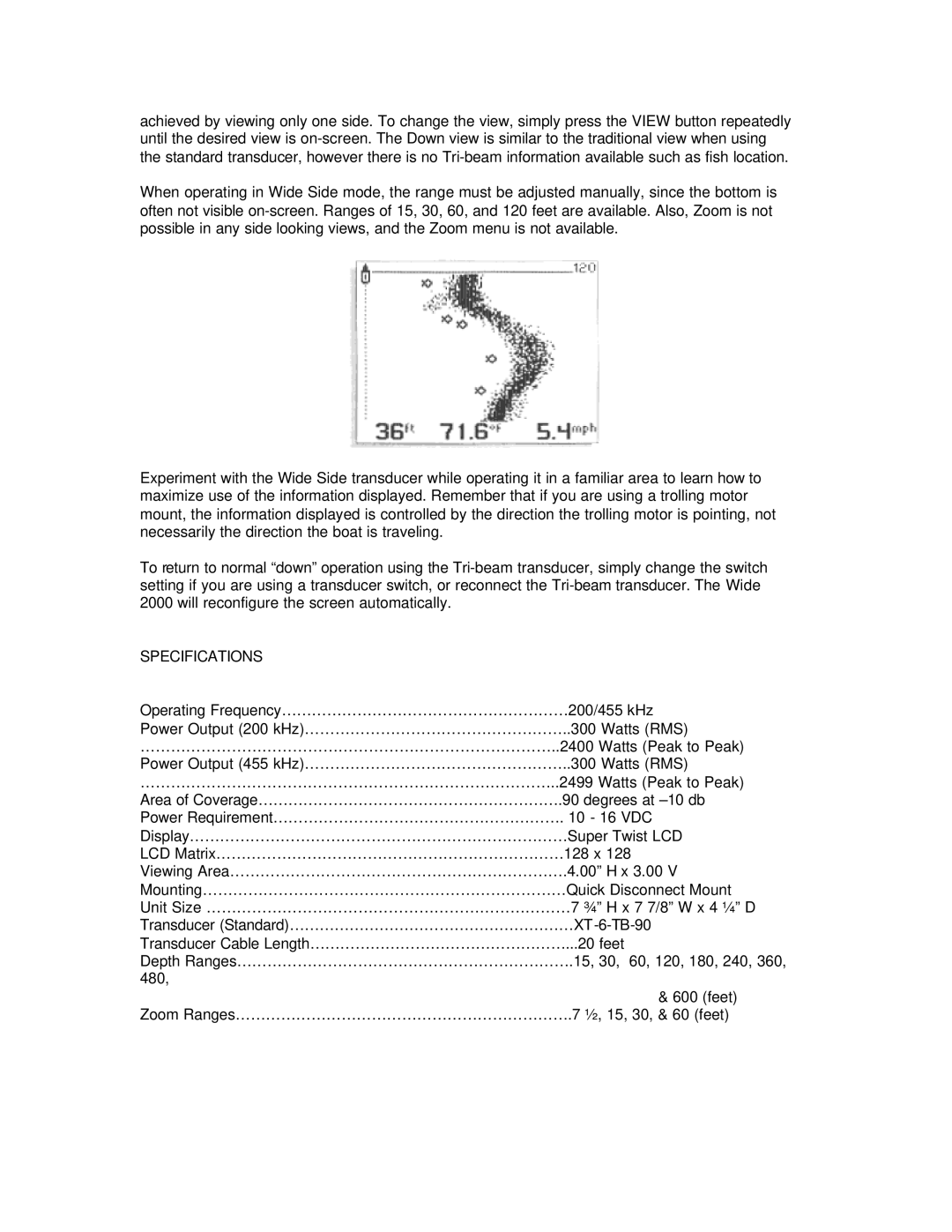 Humminbird Wide 2000 manual Specifications 