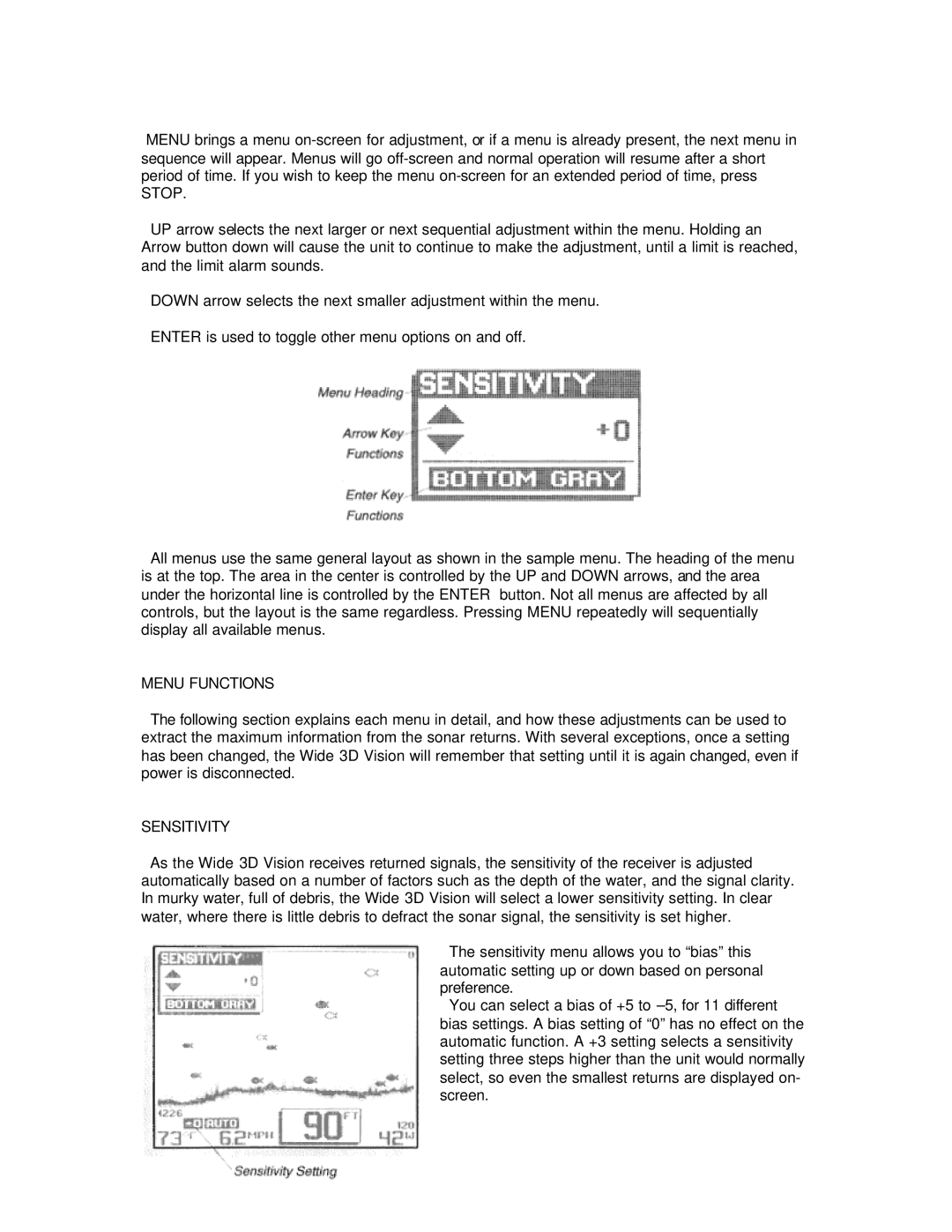 Humminbird Wide 3D Vision manual Menu Functions, Sensitivity 