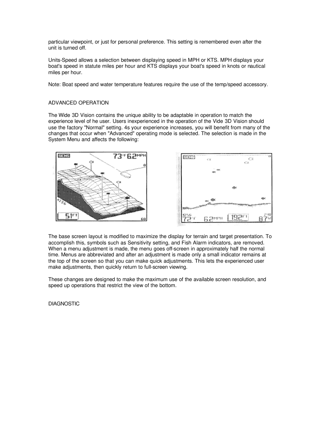 Humminbird Wide 3D Vision manual Advanced Operation, Diagnostic 