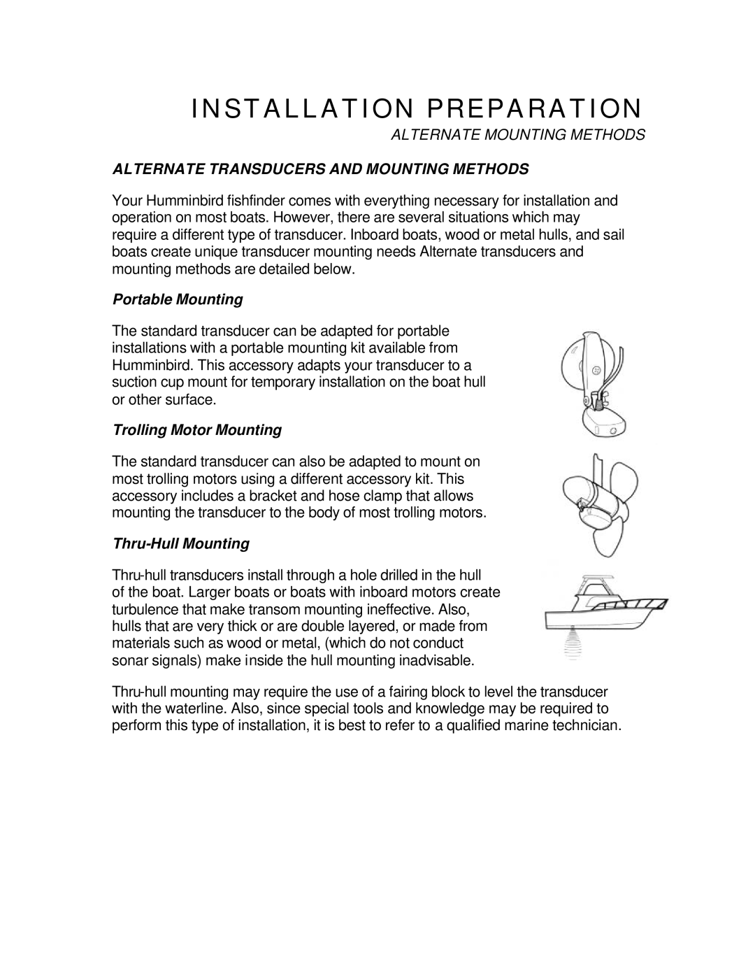 Humminbird Wide 3D Vision manual Alternate Transducers and Mounting Methods, Portable Mounting, Trolling Motor Mounting 