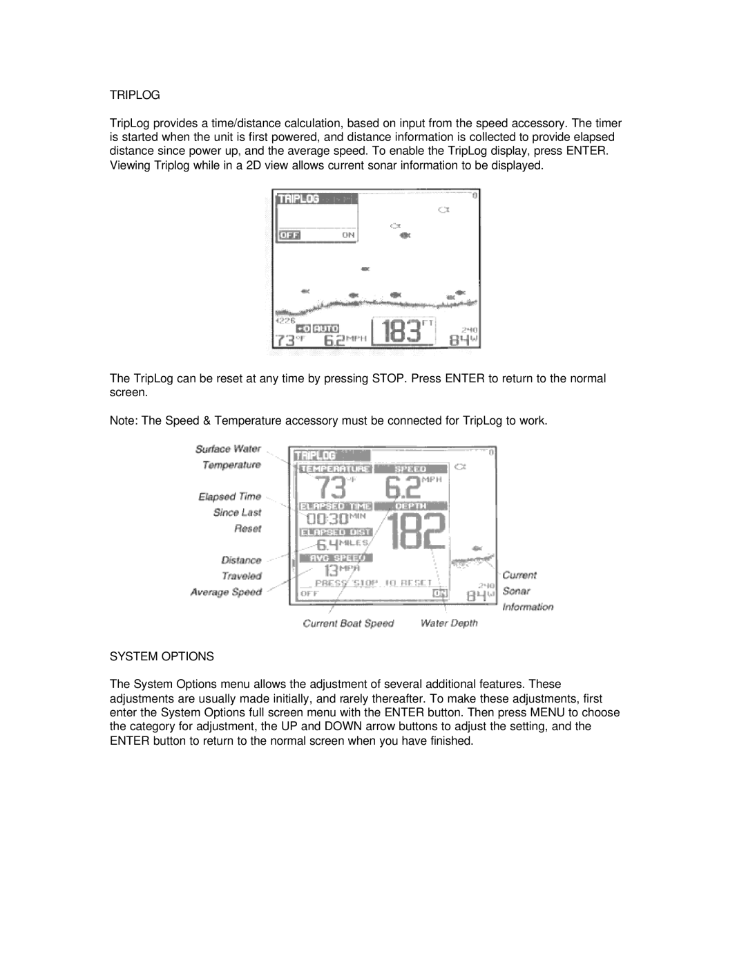 Humminbird Wide 3D Vista manual Triplog, System Options 