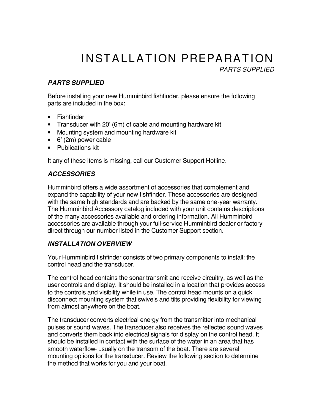 Humminbird Wide Eye manual Parts Supplied, Accessories, Installation Overview 