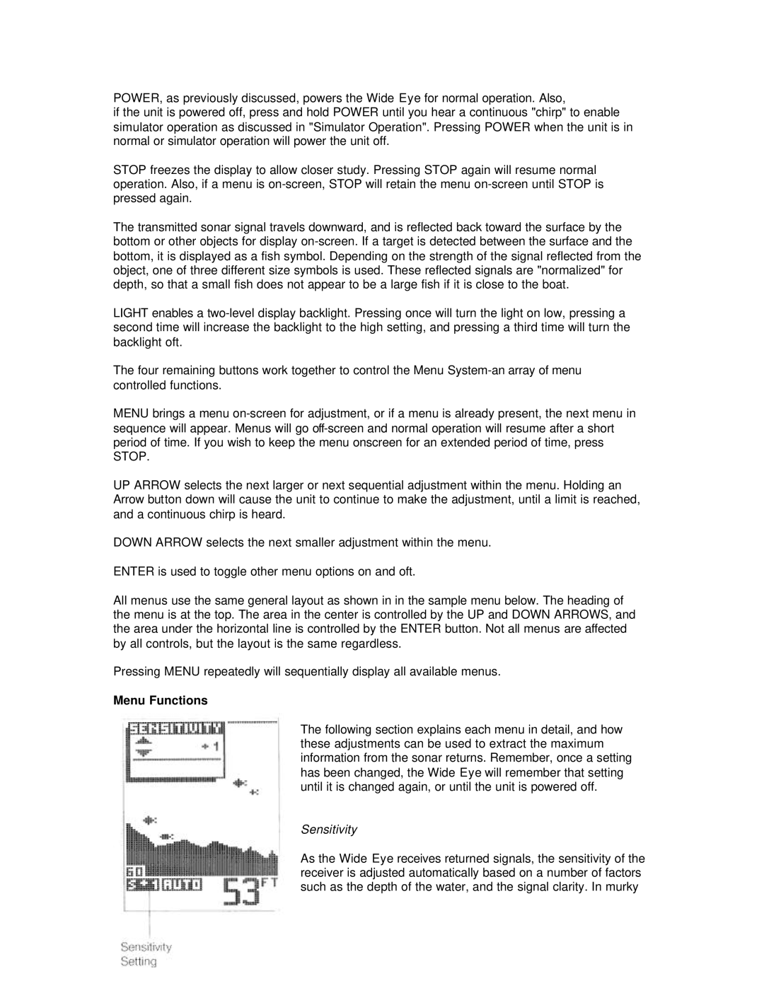 Humminbird Wide Eye manual Menu Functions, Sensitivity 