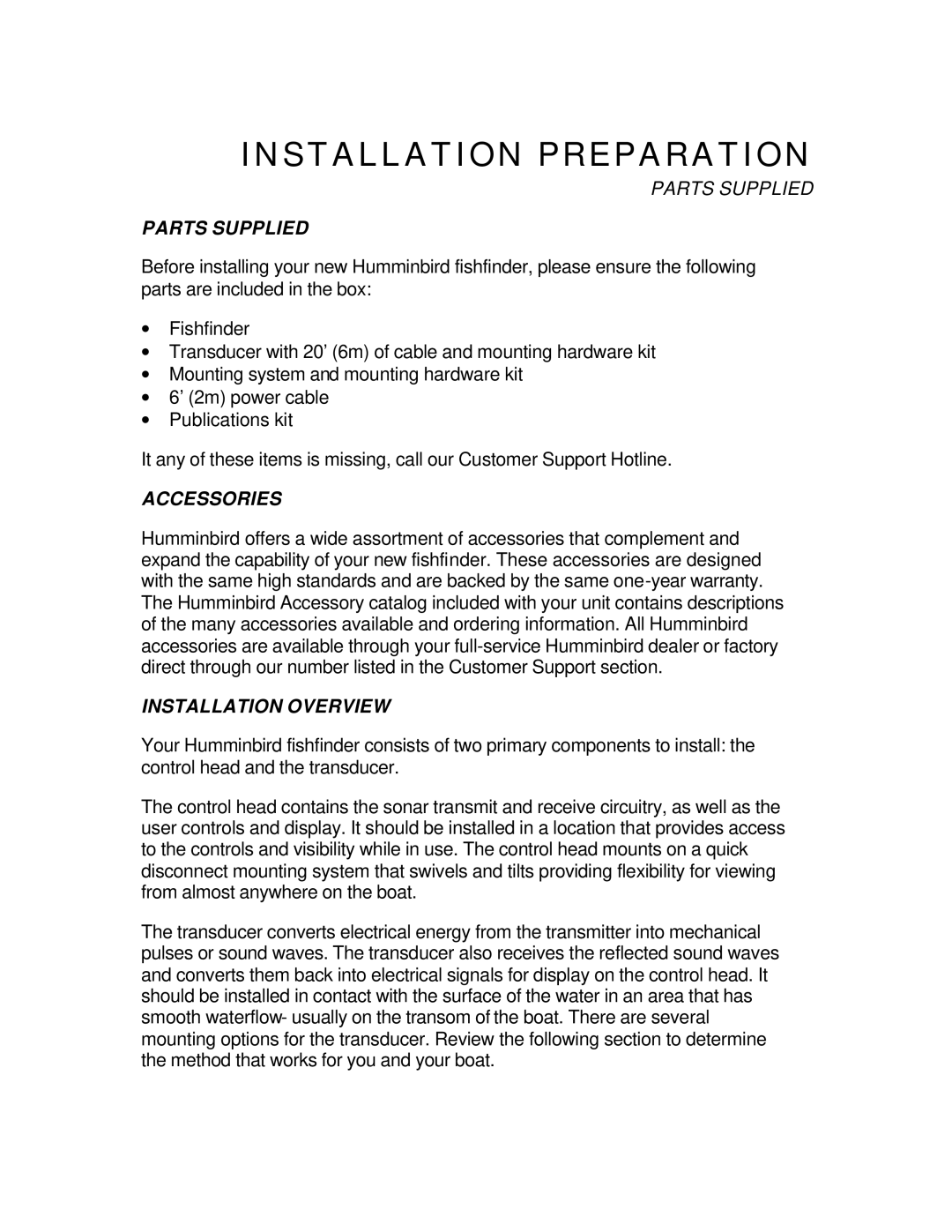 Humminbird Wide One manual Parts Supplied, Accessories, Installation Overview 