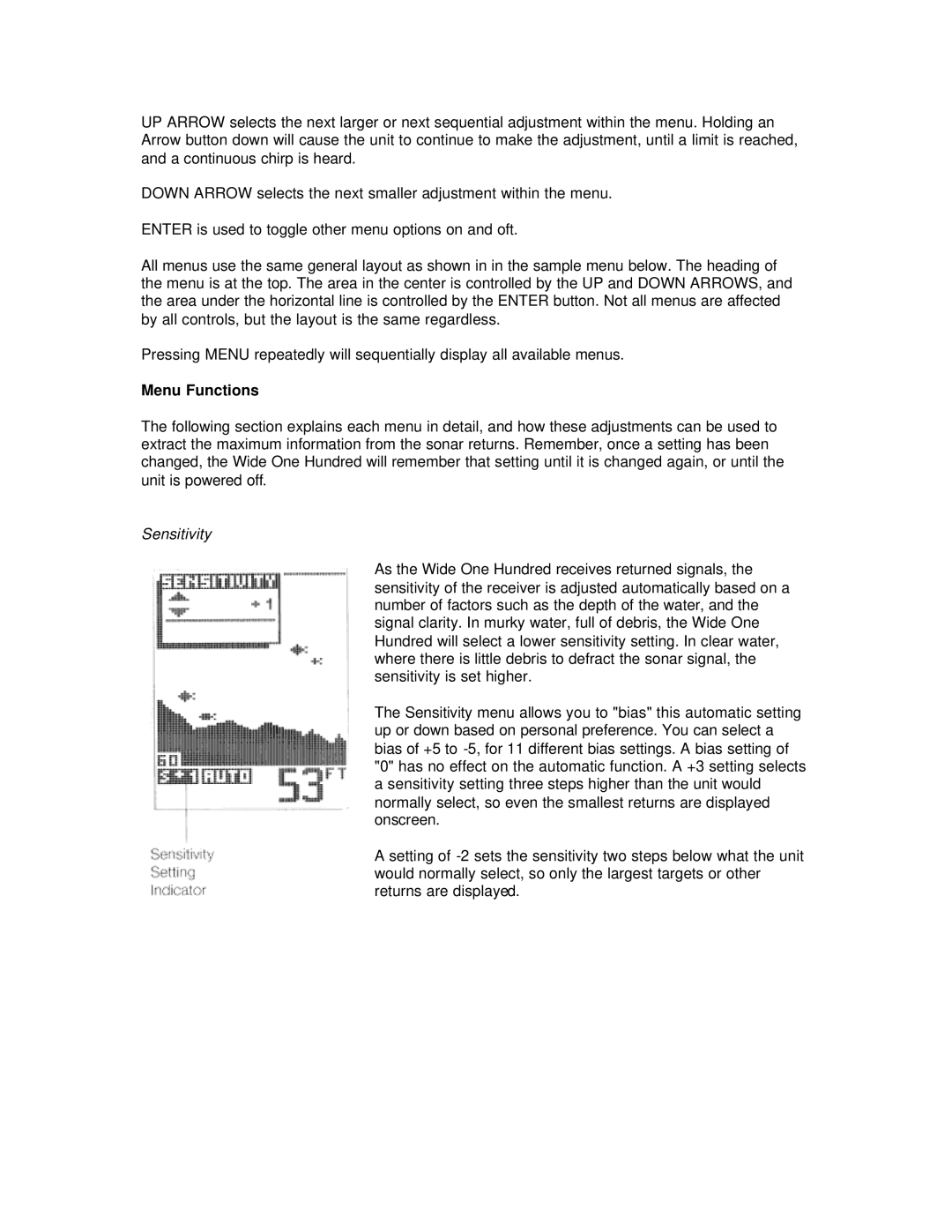 Humminbird Wide One manual Menu Functions, Sensitivity 