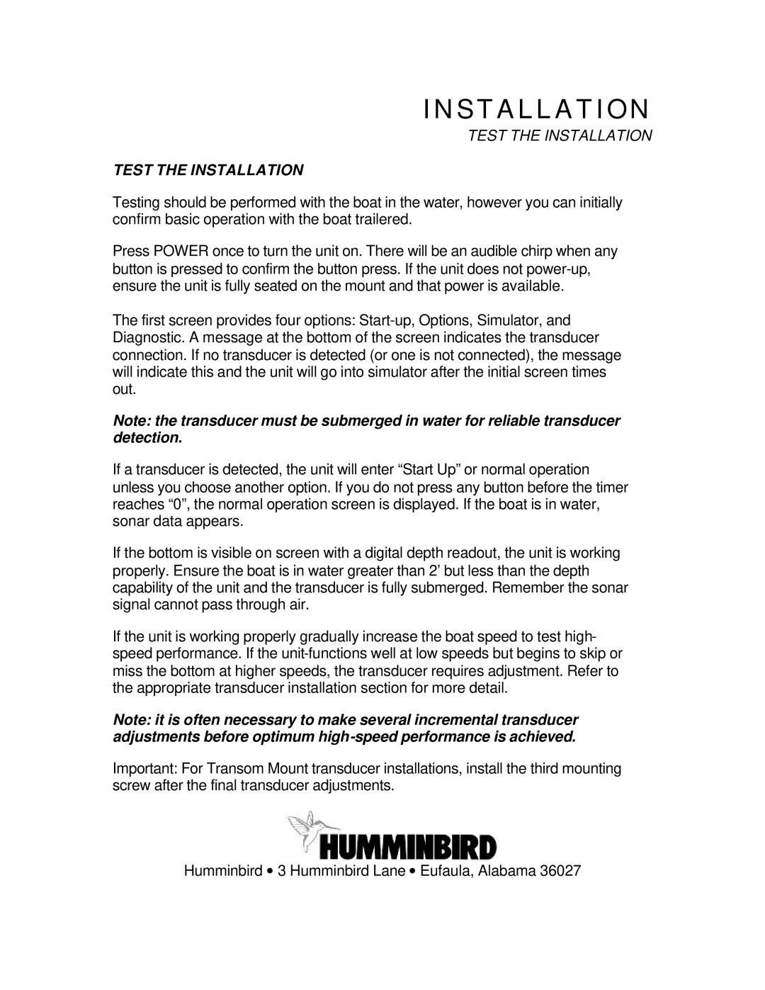 Humminbird Wide Portrait manual Test the Installation 