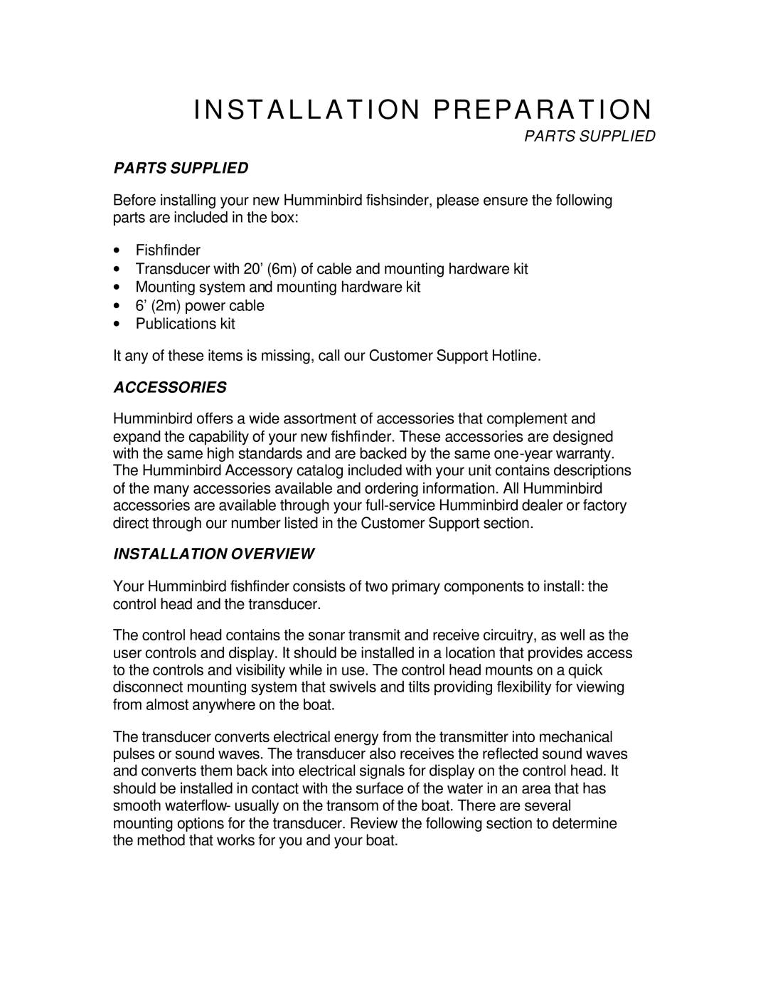 Humminbird Wide Portrait manual Parts Supplied, Accessories, Installation Overview 