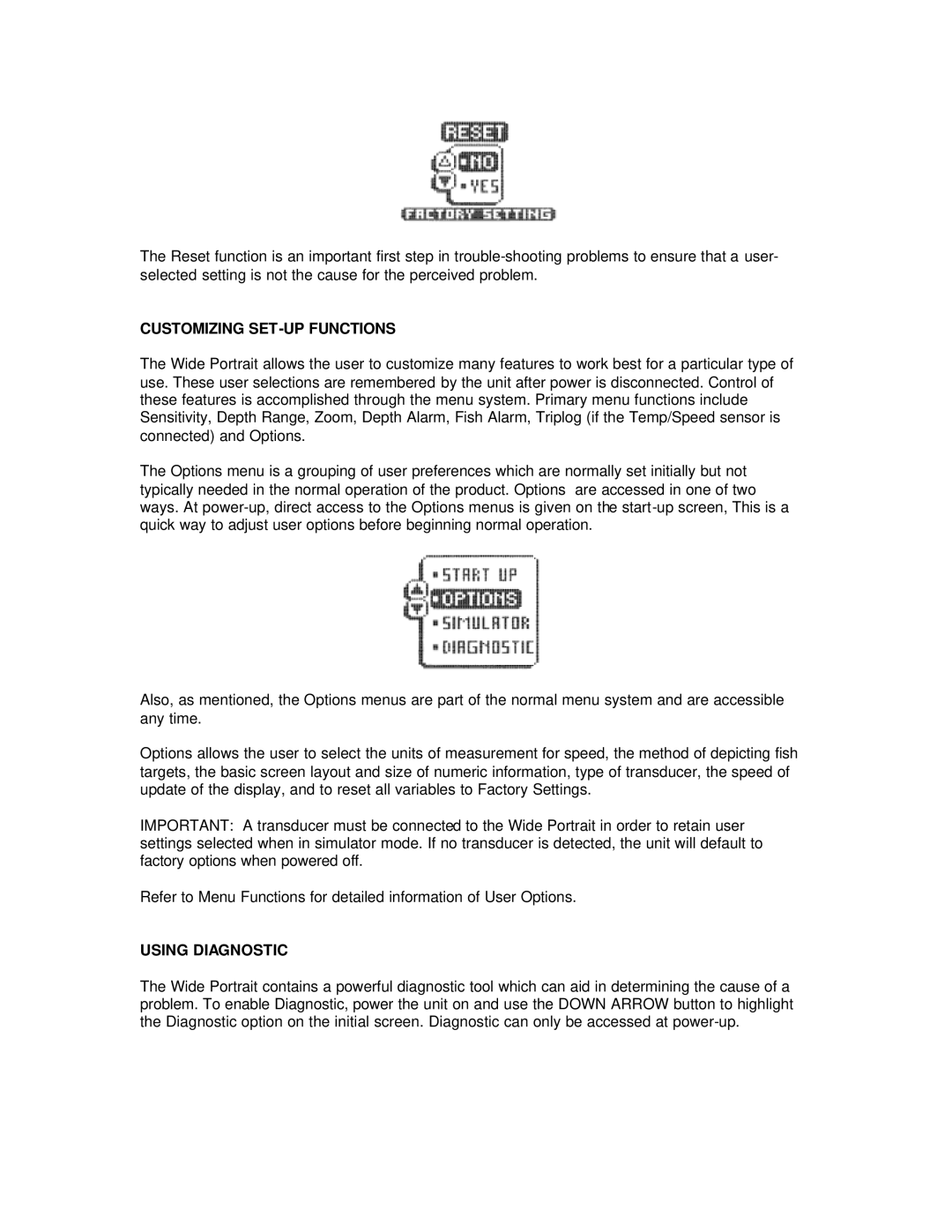 Humminbird Wide Portrait manual Customizing SET-UP Functions, Using Diagnostic 