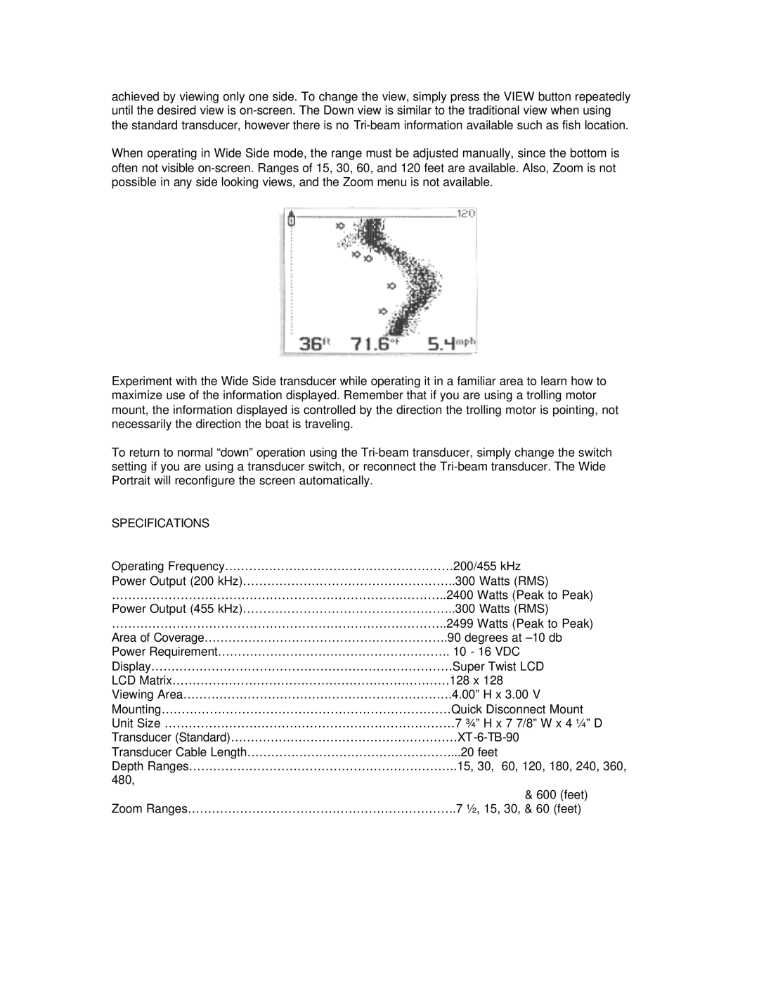 Humminbird Wide Portrait manual Specifications 