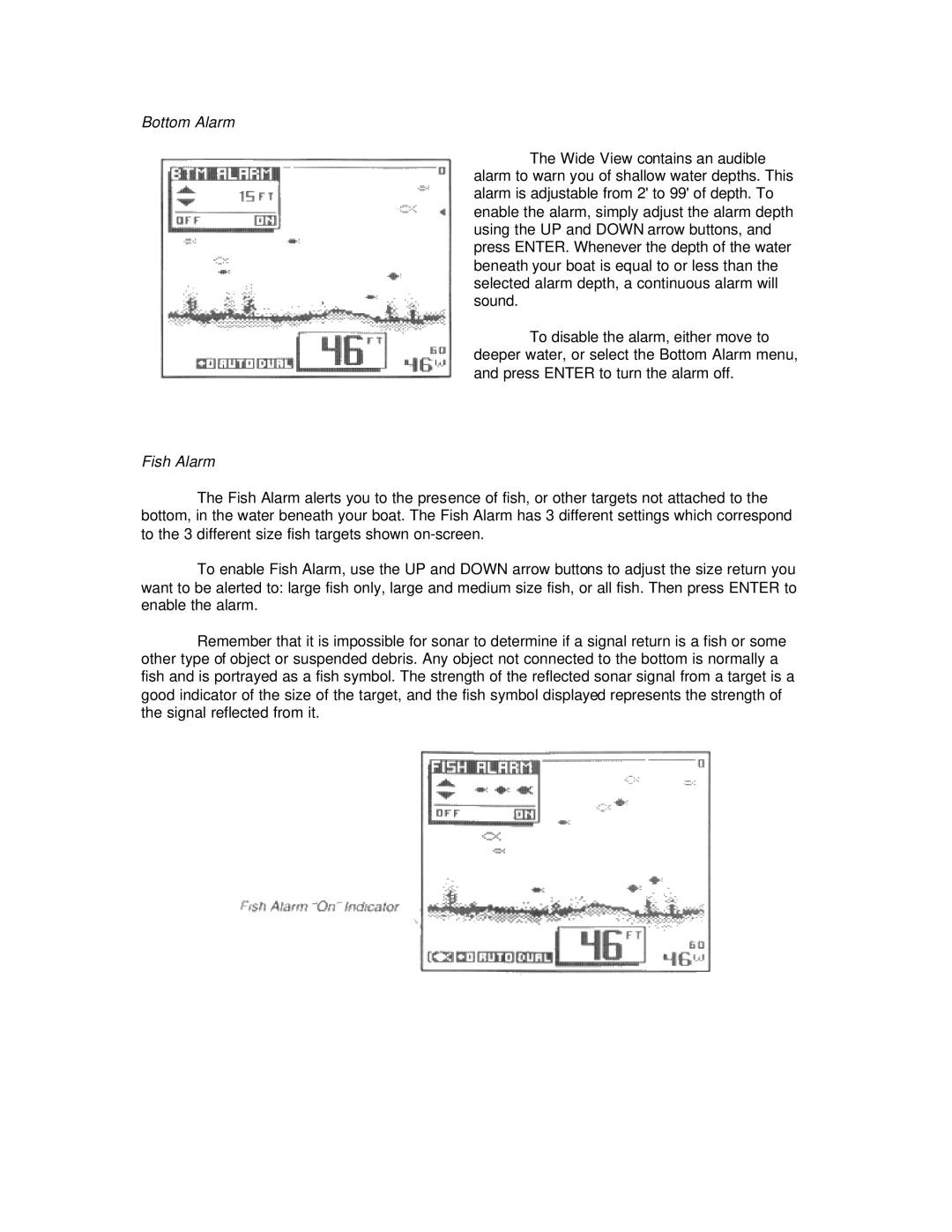 Humminbird Wide View manual Bottom Alarm, Fish Alarm 