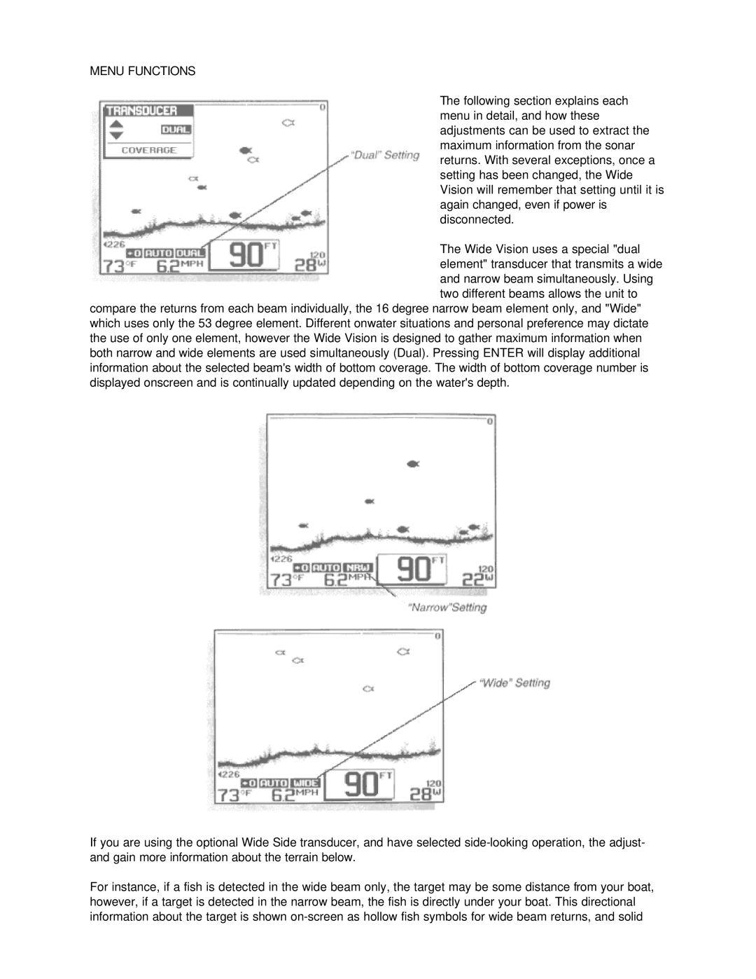 Humminbird Wide Vision manual Menu Functions 