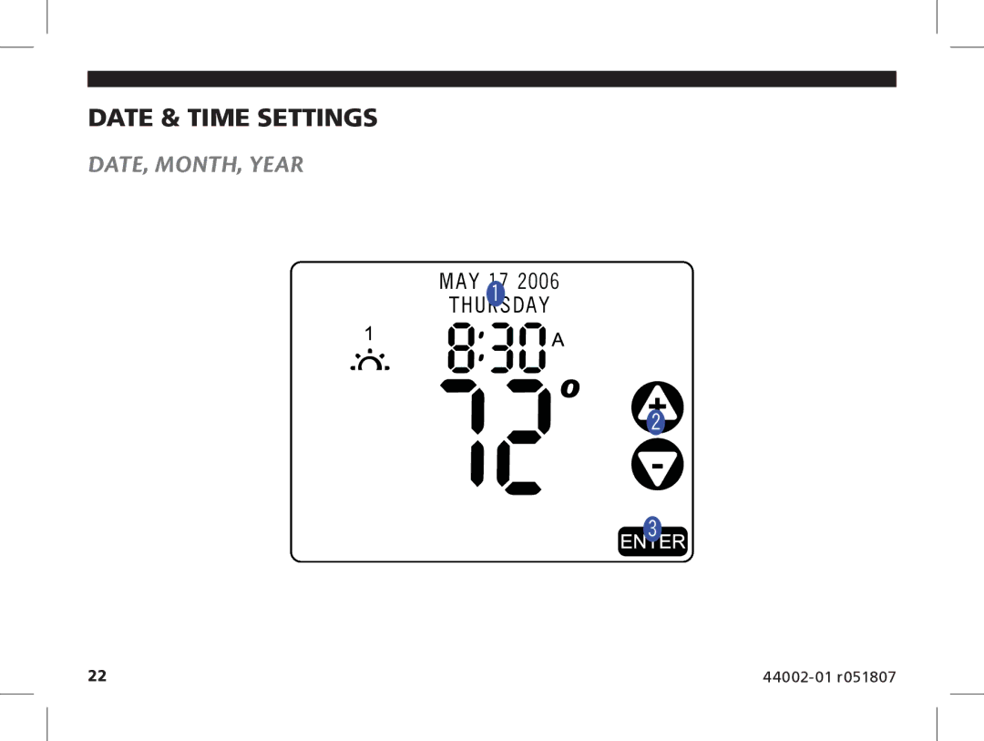 Hunter Fan 144860 manual Date & Time Settings, DATE, MONTH, Year 