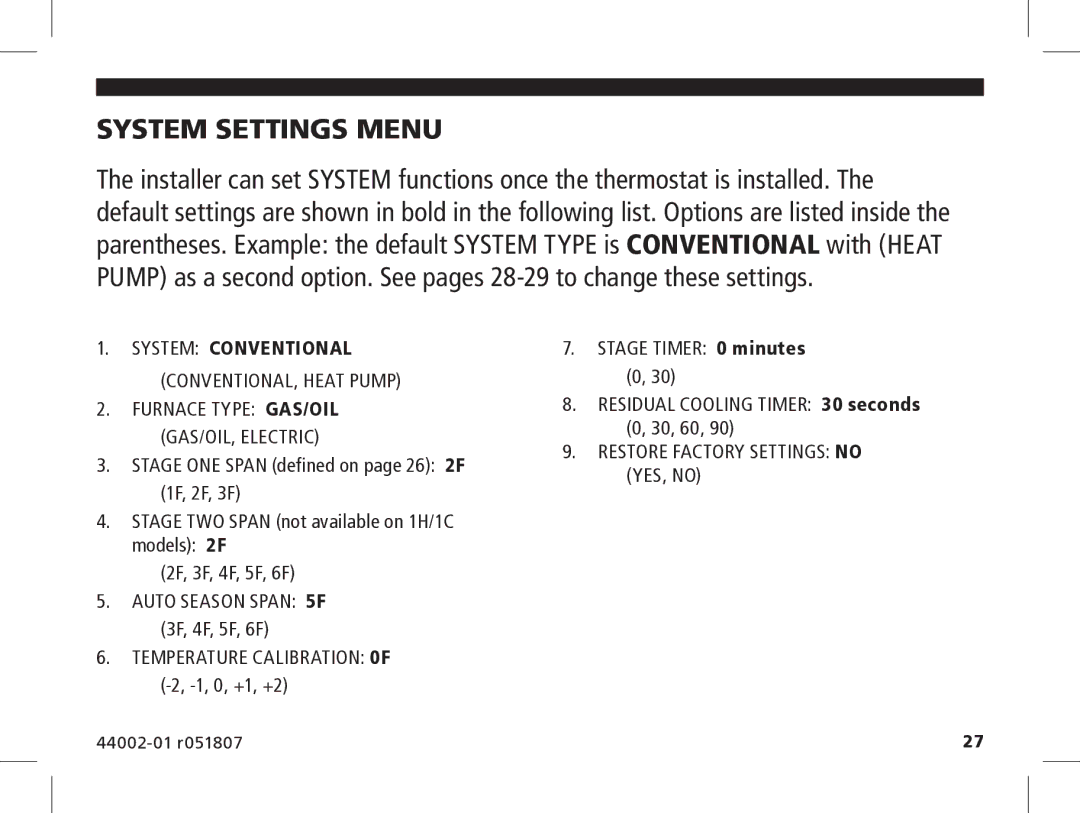 Hunter Fan 144860 manual System Settings Menu, System Conventional 