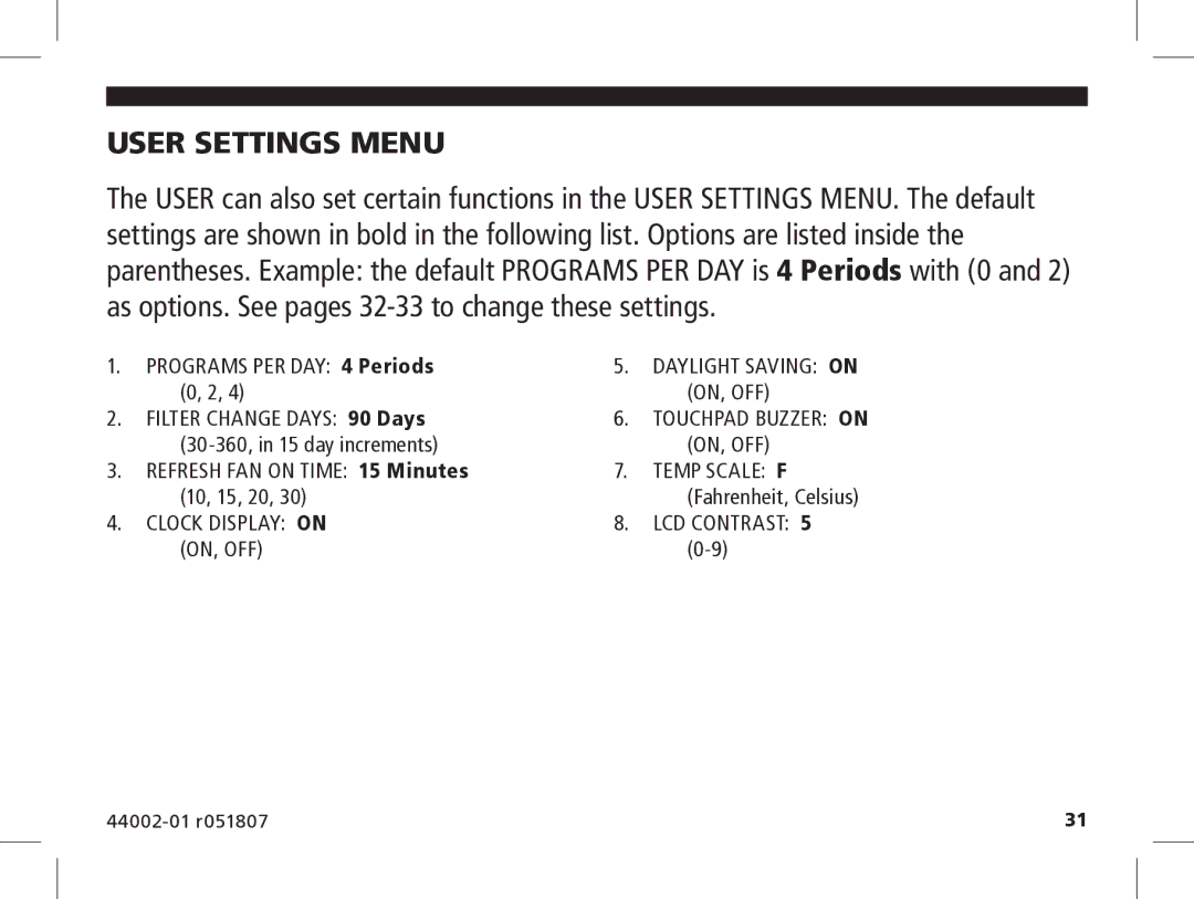 Hunter Fan 144860 manual User Settings Menu 