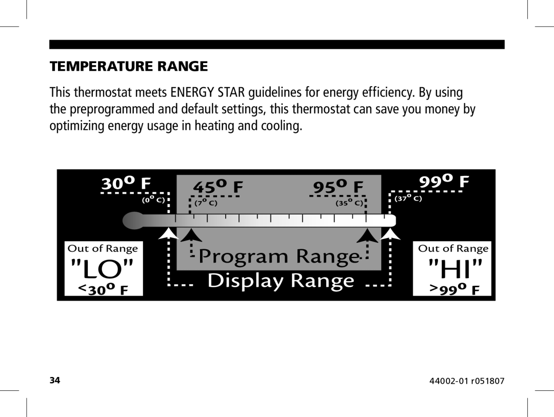 Hunter Fan 144860 manual Display Range, Temperature Range 