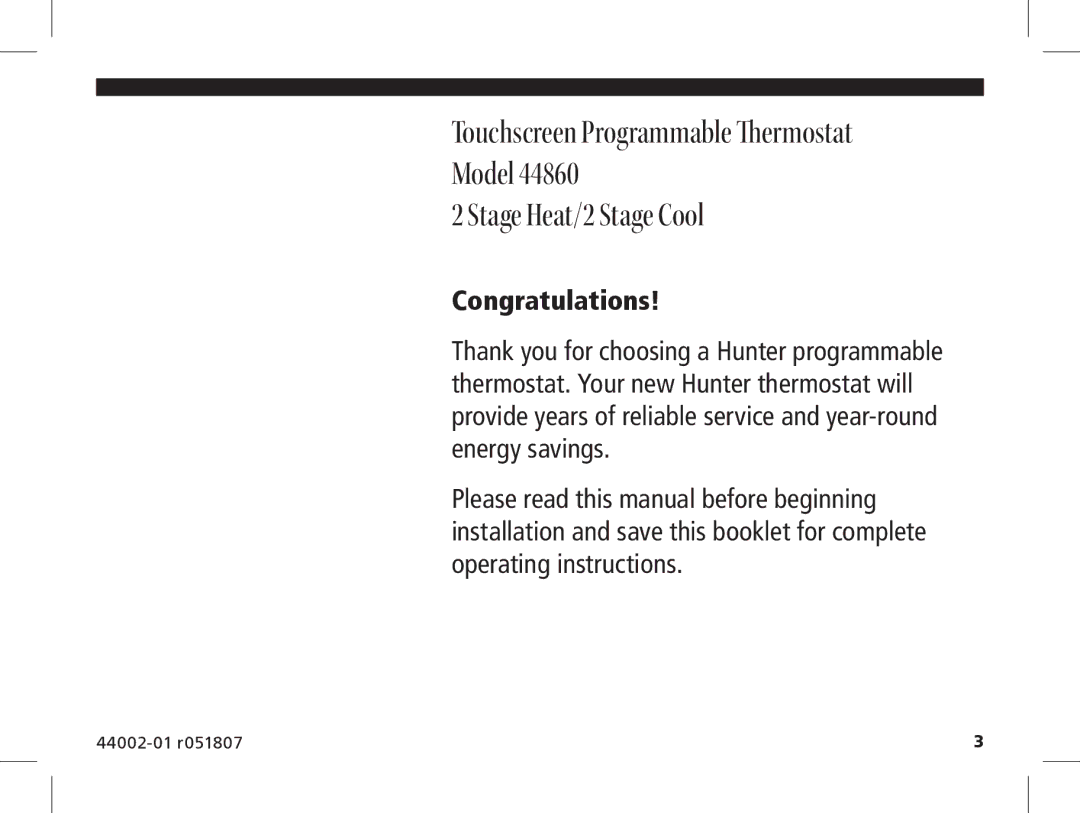 Hunter Fan 144860 manual Congratulations 