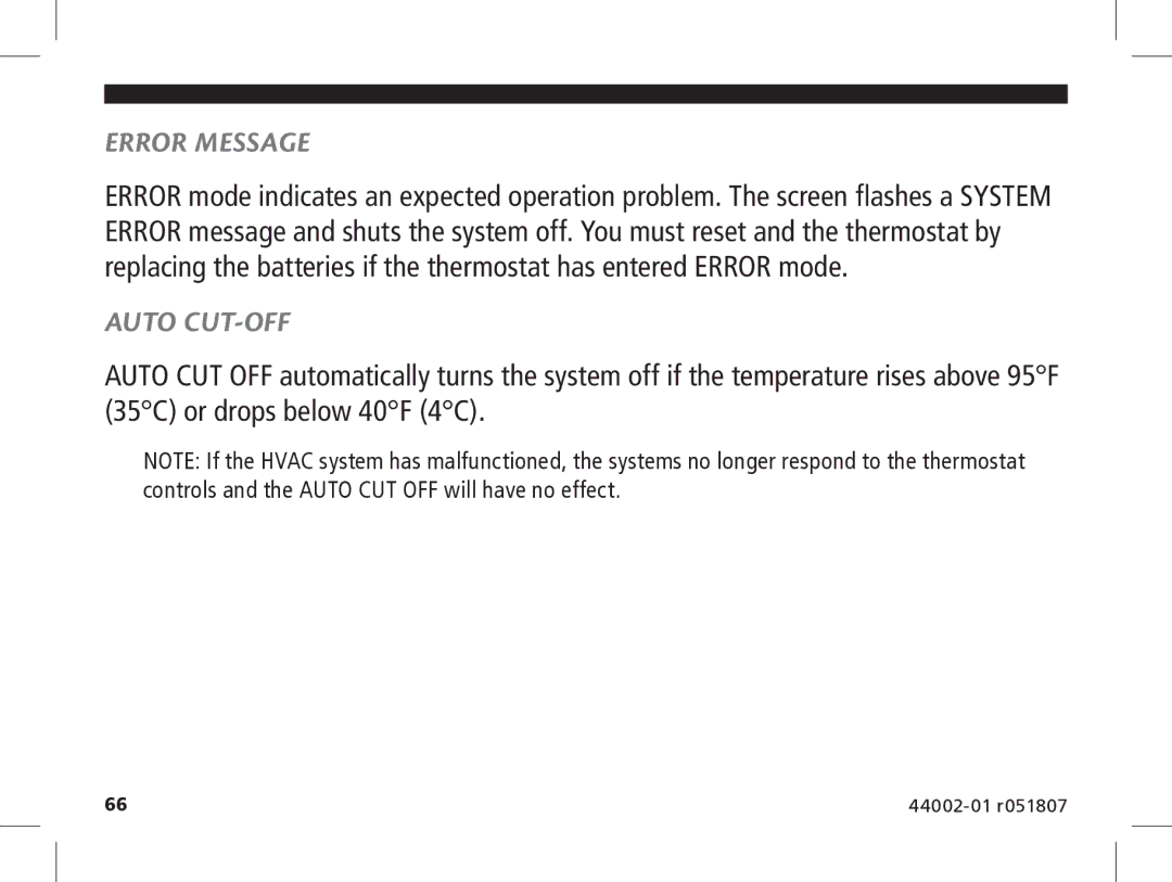 Hunter Fan 144860 manual Error Message, Auto CUT-OFF 