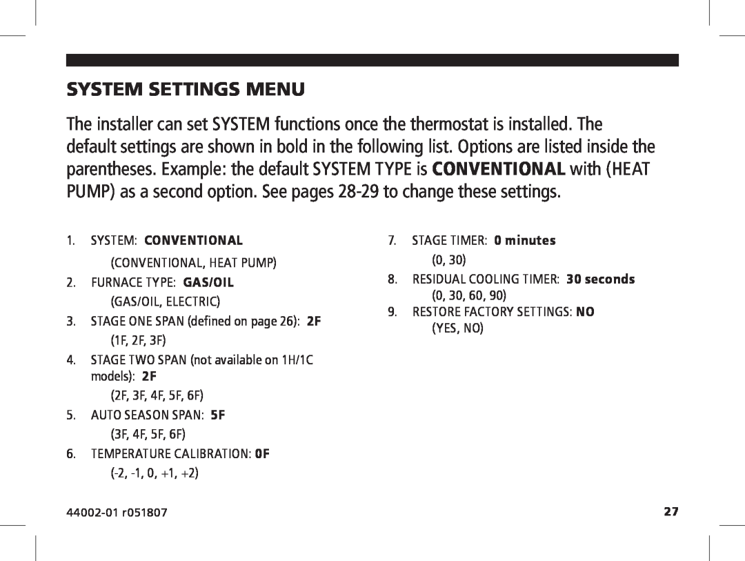 Hunter Fan 144860 manual System Settings Menu, System Conventional 