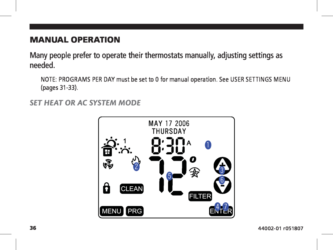 Hunter Fan 144860 manual Manual Operation, Set Heat Or Ac System Mode, MAY 17 THURSDAY, 44002-01 r051807 