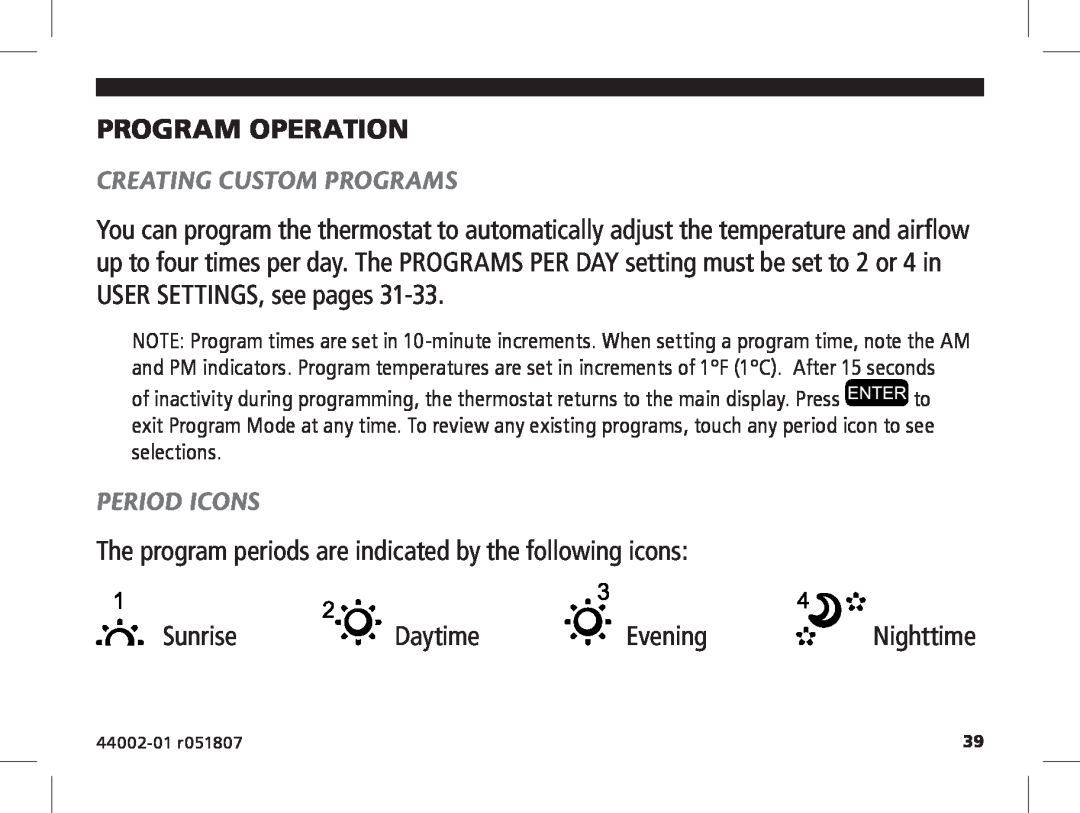 Hunter Fan 144860 manual Program Operation, Creating Custom Programs, Period Icons 
