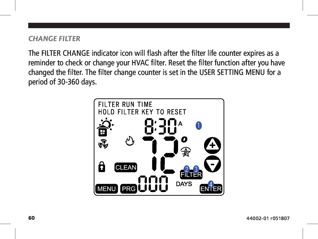 Hunter Fan 144860 manual Change Filter, Filter Run Time Hold Filter Key To Reset, 44002-01 r051807 