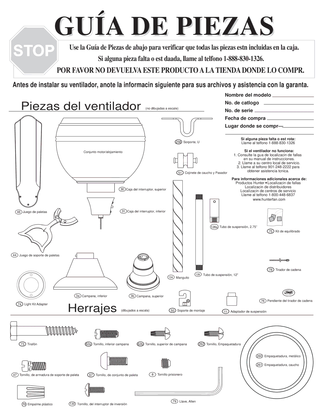 Hunter Fan 18865 warranty Piezas del ventilador, Herrajes 