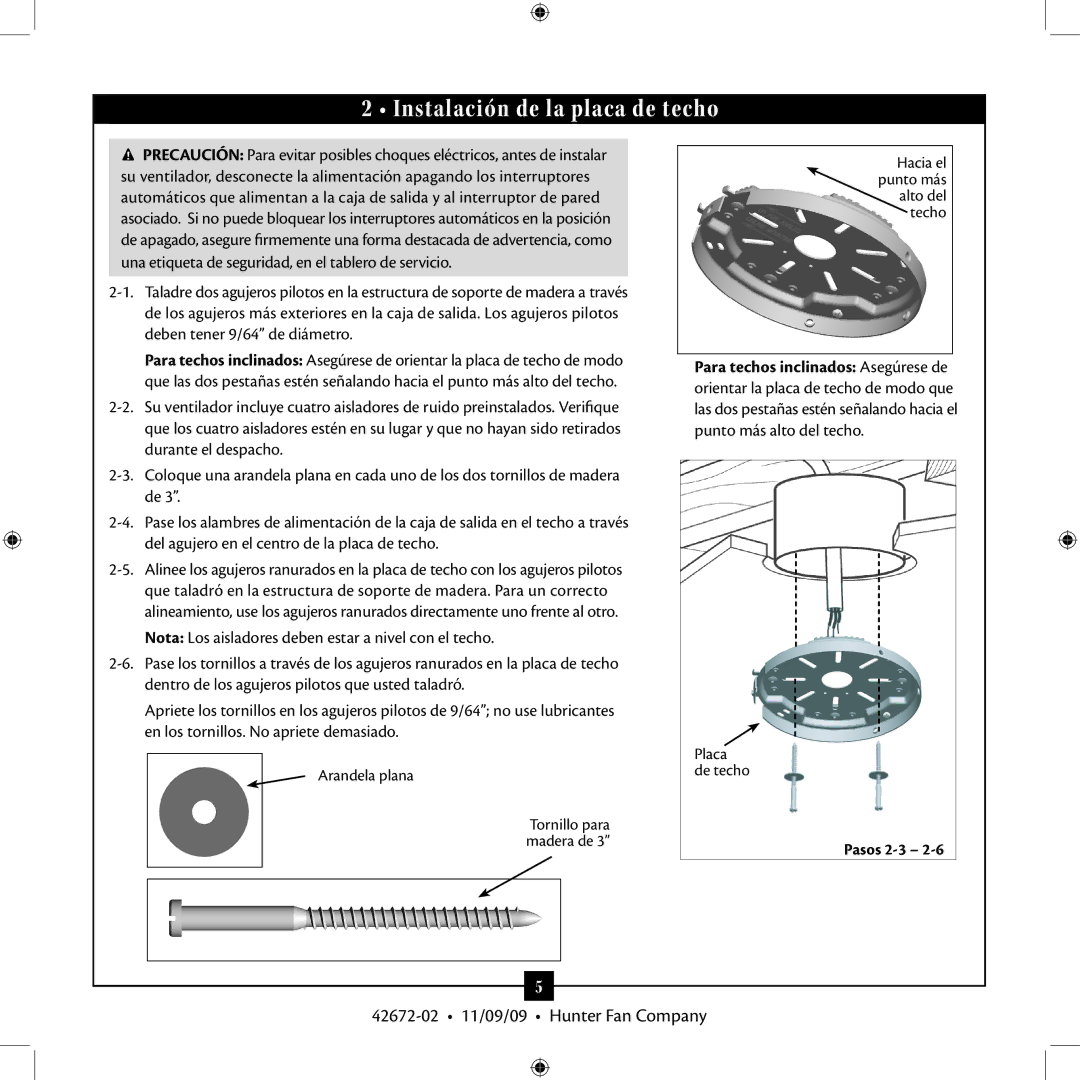 Hunter Fan manual Instalación de la placa de techo, Nota Los aisladores deben estar a nivel con el techo, Pasos 2-3 